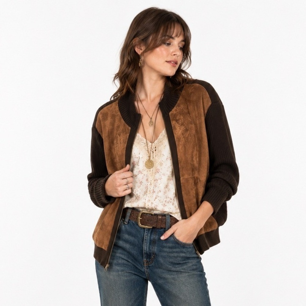Vintage 90s Brown Suede Leather Knit Cardigan Jacket Plus 1X Western Ranchcore
